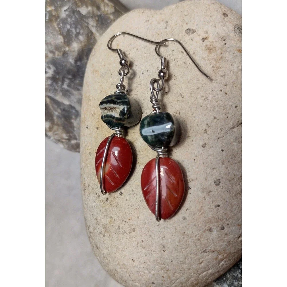 Carved Jasper Leaf Stone Geode Dangle Earrings